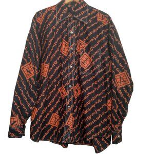 Homemade African Tribal Print Shirt Men XL Black Orange Long Sleeve Snap Collar